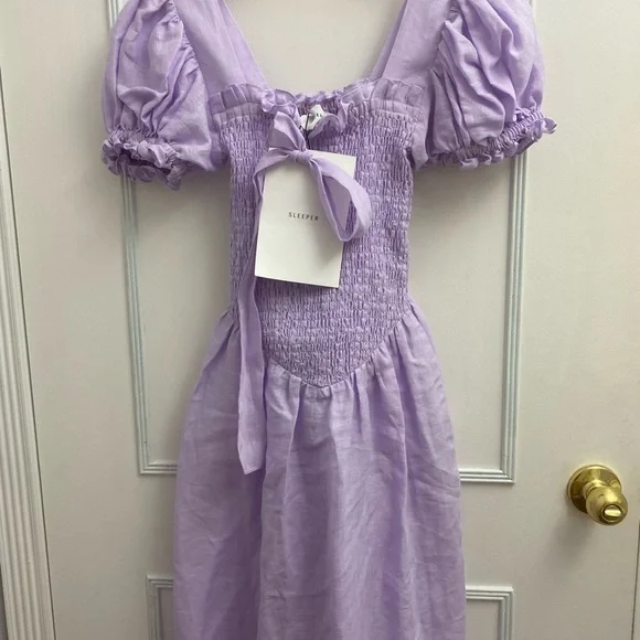 NWT Sleeper Belle Dress Linen Lavender Medium with matching hair tie/bow - Picture 4 of 4